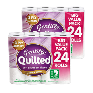 Gentille Quilted 3ply Toilet Rolls – 2 Packs of 24 (48 Rolls)