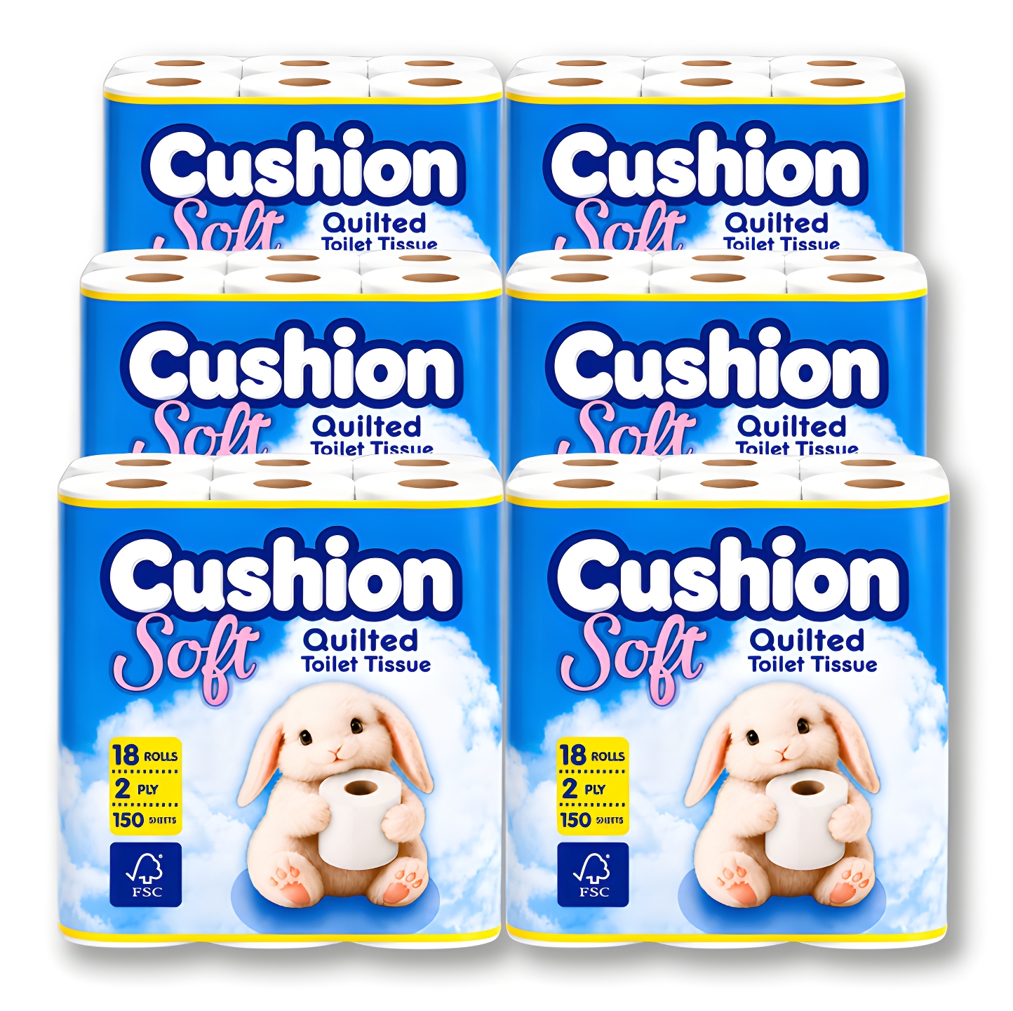 Cushion Soft 2ply Toilet rolls - 6 Packs of 18 (108 Rolls, Bulk)