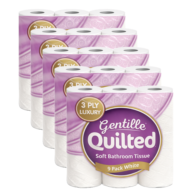 Gentille Quilted 3ply Toilet Rolls - 5 Packs of 9 (45 Rolls)