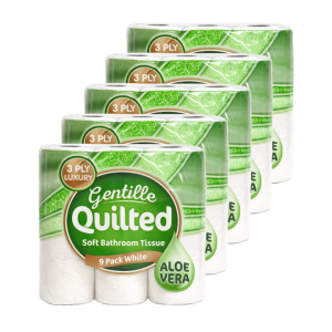 Gentille Quilted 3ply Aloe Vera Toilet Rolls - 5 Packs of 9 (45 Rolls)