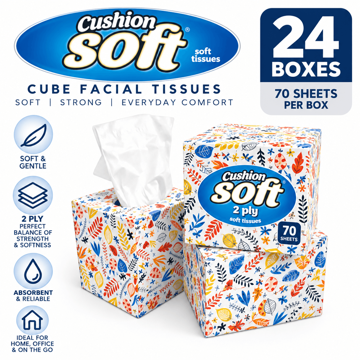 Cushion Soft 2ply Facial Tissues - 24 Cube Boxes (70 sheets each)