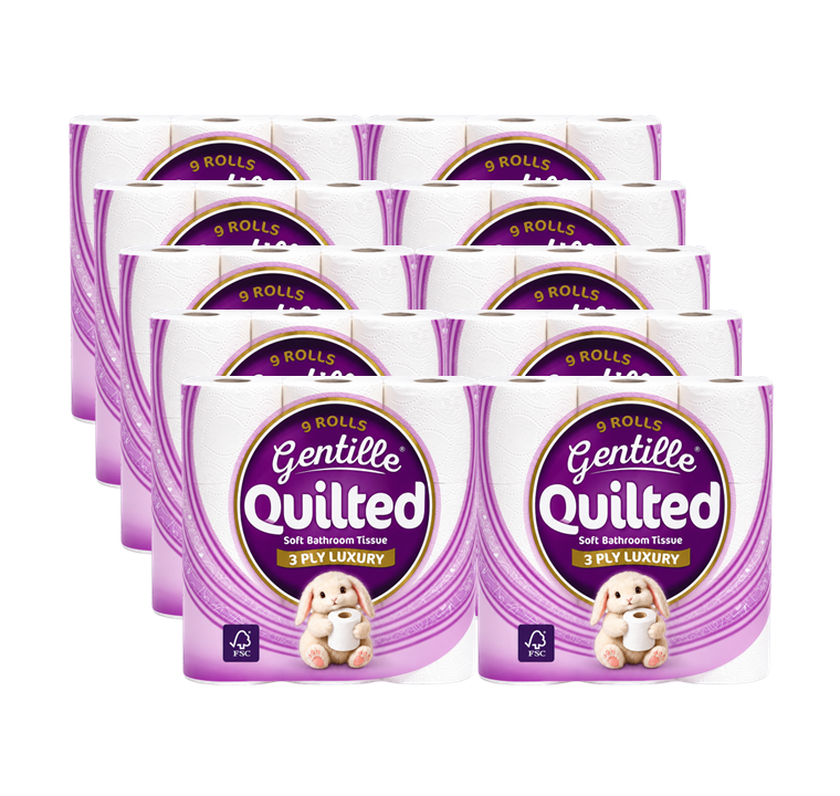 Gentille Quilted 3ply Toilet Rolls - 10 Packs of 9 (90 Rolls, Bulk)