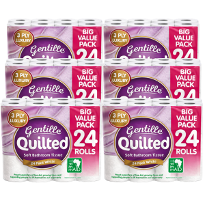 Gentille Quilted 3ply Toilet Rolls – 6 Packs of 24 (144 Rolls, Bulk)