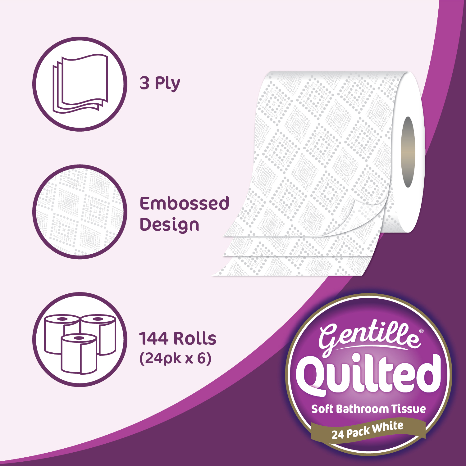Gentille Quilted 3ply Toilet Rolls – 6 Packs of 24 (144 Rolls, Bulk) - Image 3