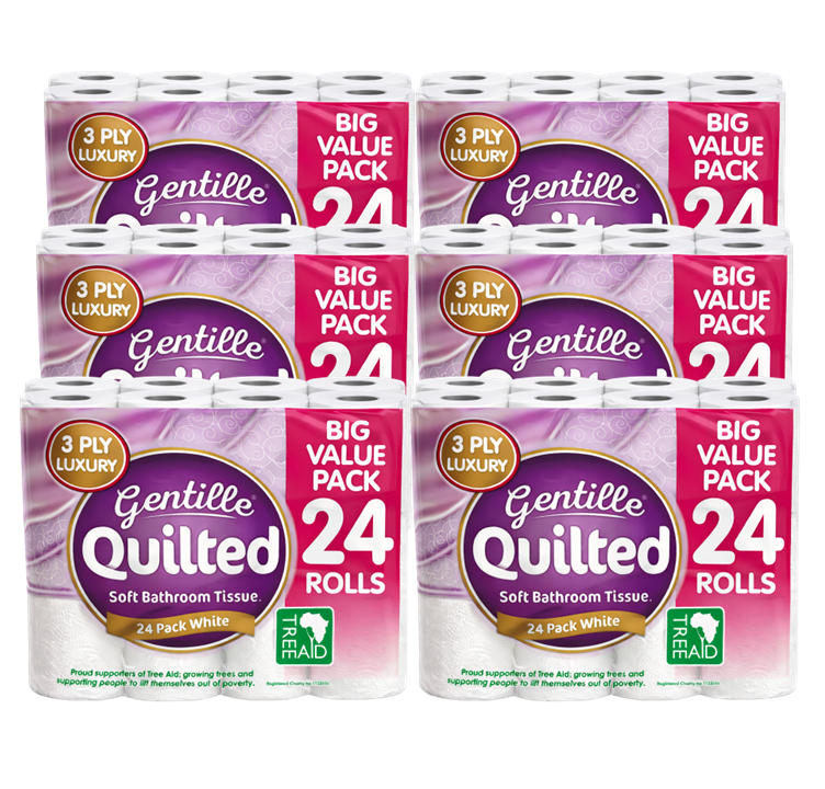 Gentille Quilted 3ply Toilet Rolls – 6 Packs of 24 (144 Rolls, Bulk)