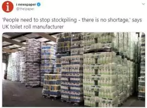 inews – Coronavirus: ‘People need to stop stockpiling – there is no shortage,’ says UK toilet roll manufacturer