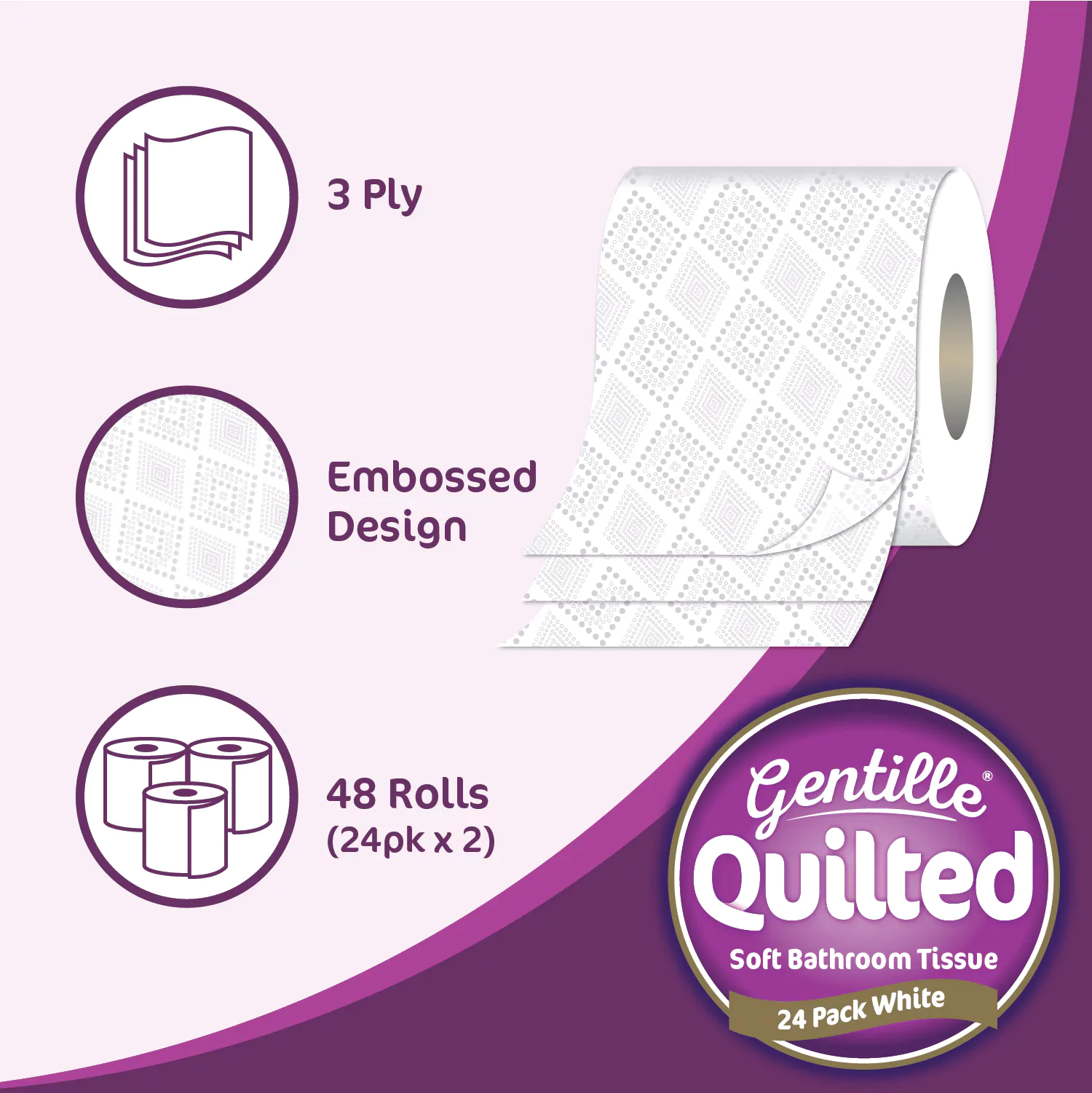 Gentille Quilted 3ply Toilet Rolls – 6 Packs of 24 (144 Rolls, Bulk) - Image 2