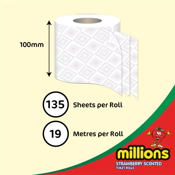 Millions Strawberry Scented 3ply Toilet rolls - 10 Packs of 4 (40 Rolls) - Image 2