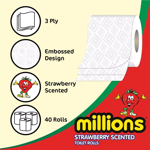 Millions Strawberry Scented 3ply Toilet rolls - 10 Packs of 4 (40 Rolls) - Image 3