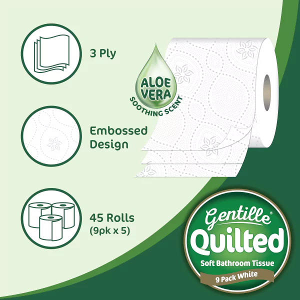 Gentille Quilted 3ply Aloe Vera Toilet Rolls - 5 Packs of 9 (45 Rolls) - Image 2