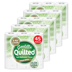 Gentille Quilted 3ply Aloe Vera Toilet Rolls - 5 Packs of 9 (45 Rolls)