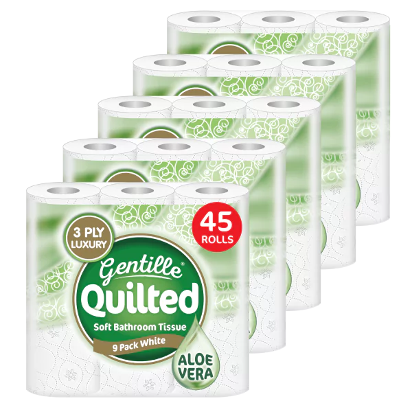 Gentille Quilted 3ply Aloe Vera Toilet Rolls - 5 Packs of 9 (45 Rolls)