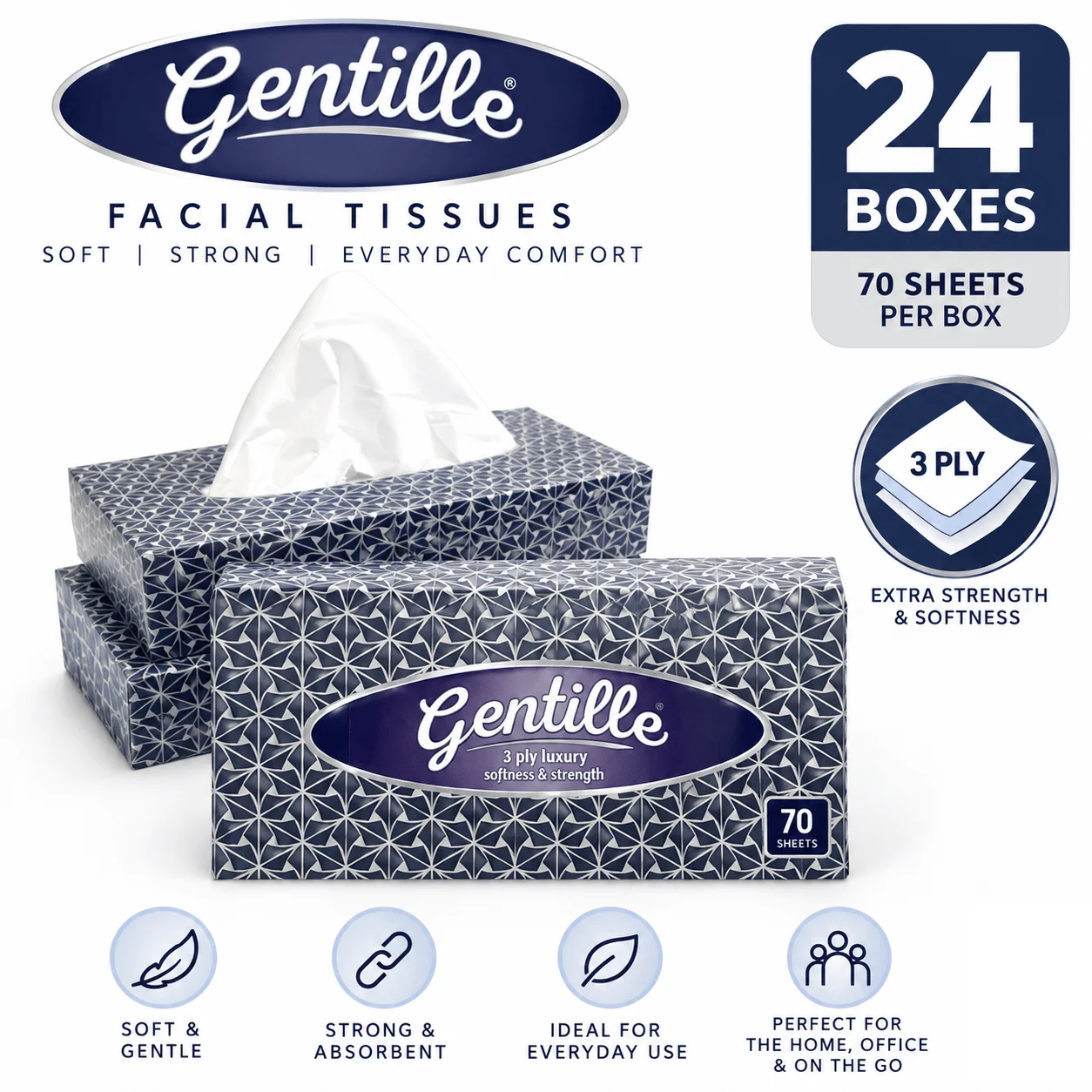 Gentille 3ply Facial Tissues - 24 Regular Boxes (70 sheets each)