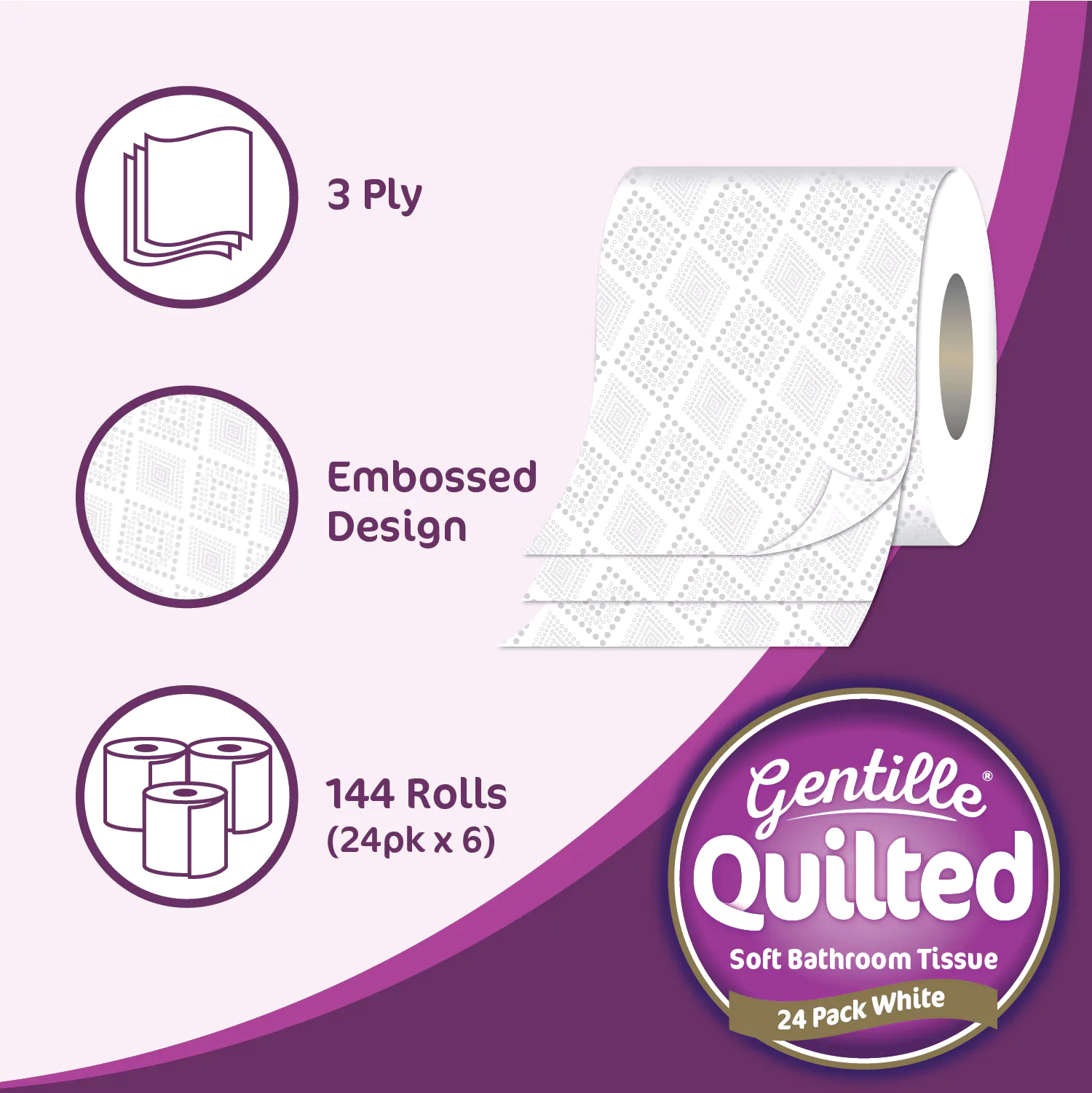 Gentille Quilted 3ply Toilet Rolls – 6 Packs of 24 (144 Rolls, Bulk) - Image 3