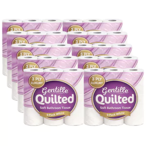 Gentille Quilted 3ply Toilet Rolls - 10 Packs of 9 (90 Rolls, Bulk)